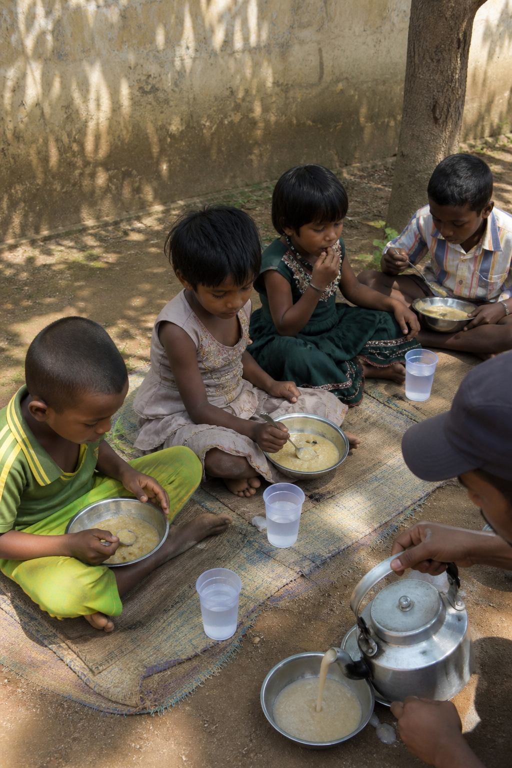 Children eating from metal bowls on mats at a meal stop