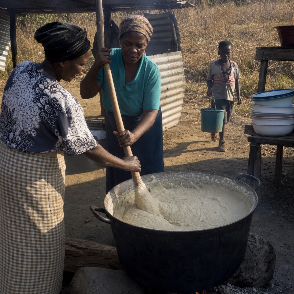 Community cooks stirring fortified porridge over an outdoor fire